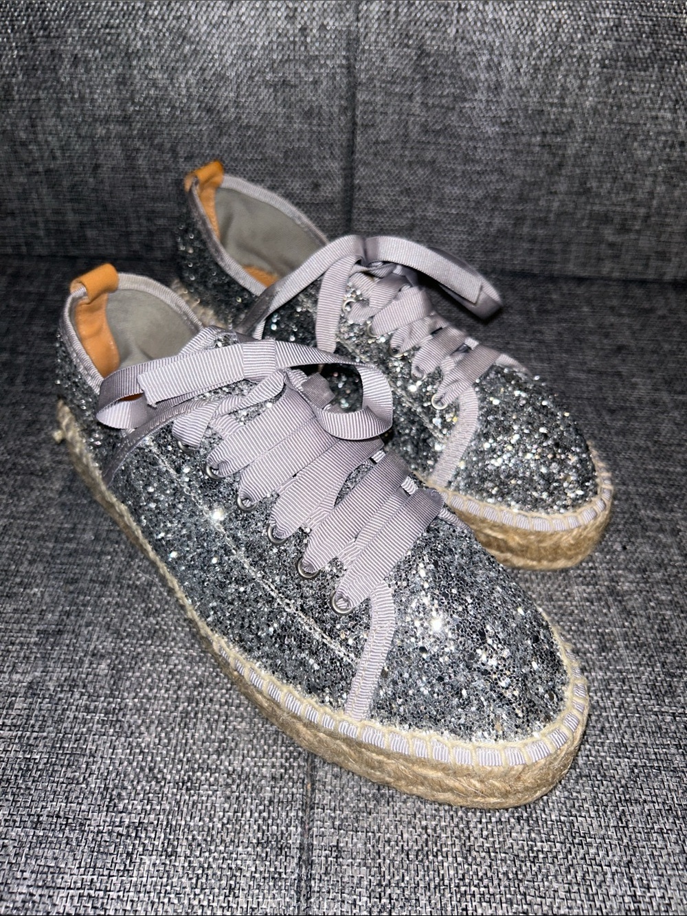 NEW - Charles David SANTE Silver Glitter Espadrille Sneakers with Ribbon Laces